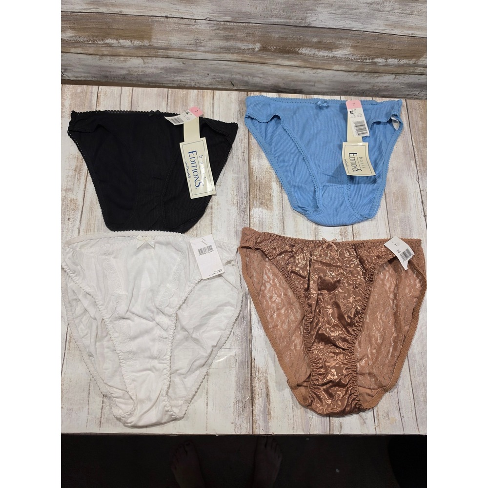 Basic Editions Intimates Women 4 Pack High Cut Panties Ribbed Satin Lace Size 7